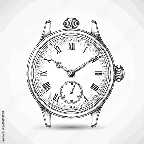 Vintage Mechanical Wristwatch with Roman Numerals, Detailed Sketch Drawing