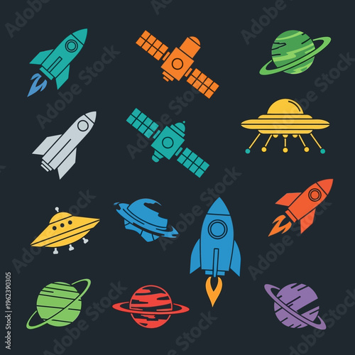 Colorful Space Objects: Rockets, Planets, UFOs, and Satellites on Dark Background