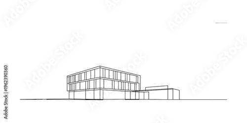 Minimalist line drawing of a modern office building exterior with clean architectural lines.