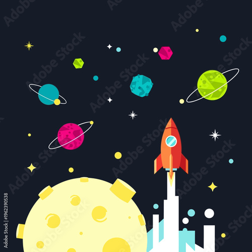 Red Rocket Launching From Moon Surface Towards Colorful Planets and Stars in Outer Space
