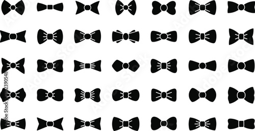 Collection of various black bow tie icons on white background