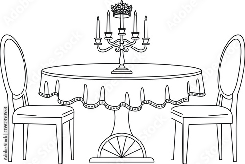 Elegant Round Dining Table with Tablecloth Two Classic Chairs and Ornate Candelabra Centerpiece Line Art Vector Illustration for Coloring Book Page
