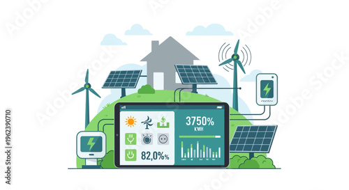 Green Energy Smart Home System with Solar & Wind Power, Monitored by a Digital Tablet App - Sustainable Living & Eco-Friendly Technology