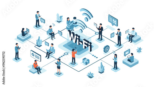 High-speed wireless wifi network connectivity concept with people using digital devices in a modern isometric tech environment.