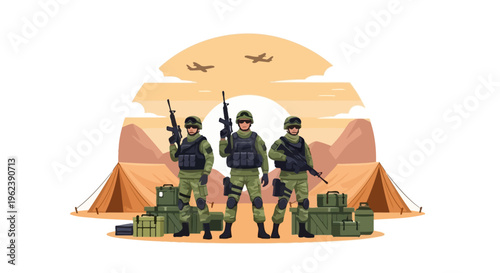Military Soldiers Standing Guard in Desert Camp with Aircraft Overhead