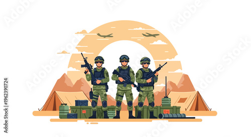 Military Soldiers Standing Guard in Desert Camp with Aircraft Overhead