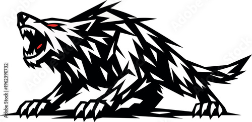 Wolf - vector illustration, black and white art, aggressive wolf with a falcon