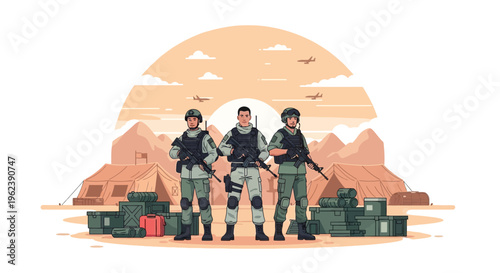 Military Soldiers Standing Guard in Desert Camp with Aircraft Overhead