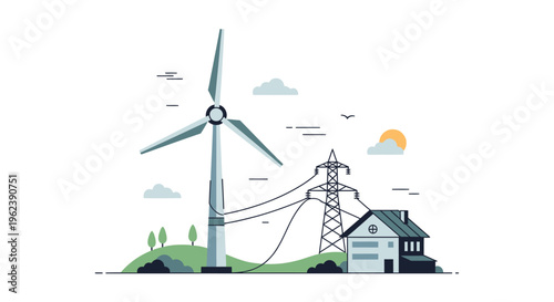 Renewable Energy System: Wind Turbine Supplying Green Power to a Home via an Electrical Pylon and Grid. Sustainable Living and Eco-Friendly Technology.