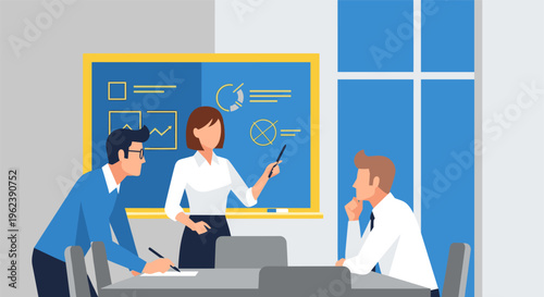 Business team discussion in meeting room with blue board in modern office for corporate branding