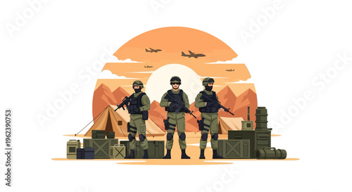 Military Soldiers Standing Guard in Desert Camp with Airplanes Flying Overhead