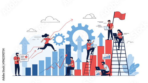 Motivated professional business team working together with giant gears to achieve success and drive corporate growth on a graph.