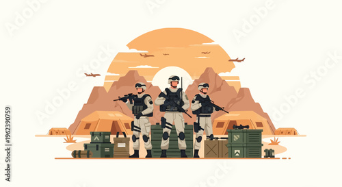 Military Soldiers Standing Guard in Desert Camp with Aircraft Overhead