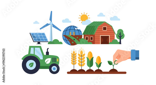 Sustainable Farming and Green Agriculture Illustration with Renewable Energy: Solar Panels, Wind Turbine, Tractor, and Crops