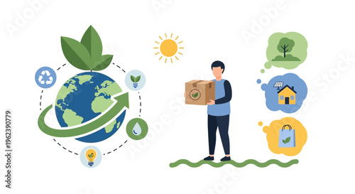 Sustainable Living, Eco-Friendly Delivery & Environmental Responsibility Concept with Globe and Green Icons