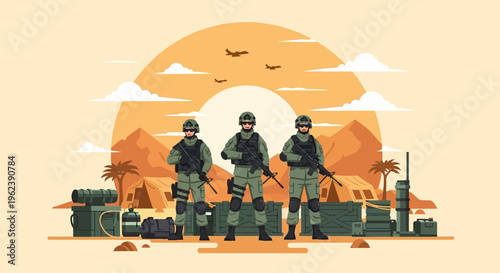 Military Soldiers Standing Guard in Desert Camp with Aircraft Overhead