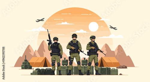 Military soldiers standing guard in desert camp with aircraft flying overhead