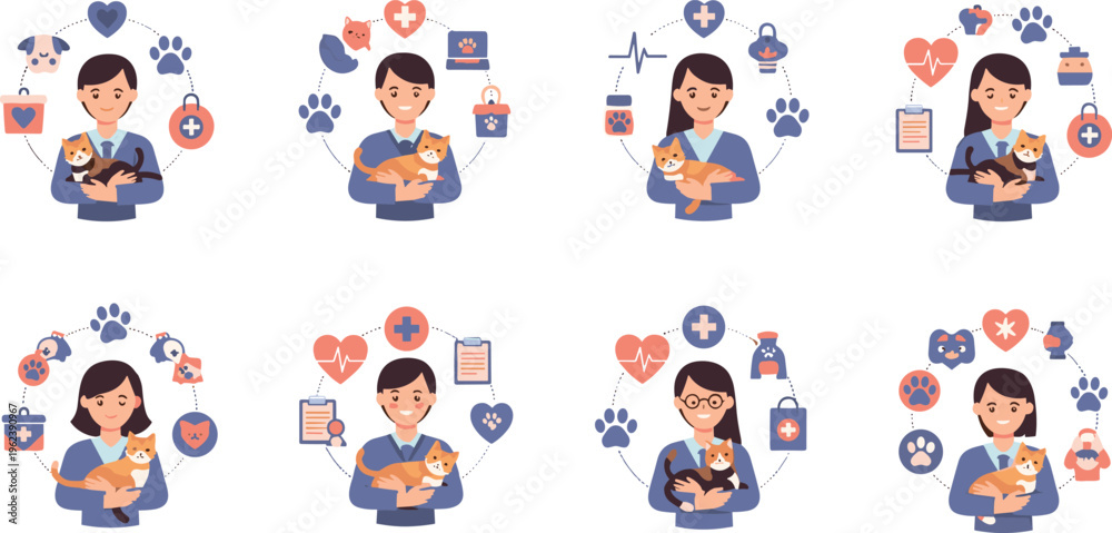 Fototapeta premium Veterinary Clinic and Pet Care Illustration Set with Veterinarian Holding Cat, Pet Health Icons, Animal Care and Medical Services Vector Collection
