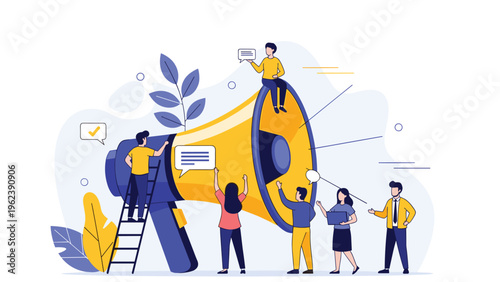 Diverse marketing team promoting a message using a giant megaphone representing loud communication and effective public advertising.