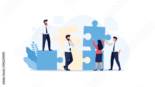 Team of business professionals assembling large puzzle pieces to solve a complex challenge through effective collaboration and strategy.