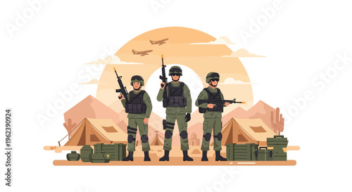 Military soldiers in desert camp with aircraft in sky, war, army, tactical gear