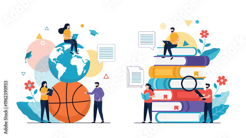 Educational concept illustration with students using technology around a globe and a stack of books for global learning and research.