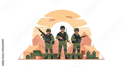 Military Soldiers in Desert Camp with Aircraft and Tents