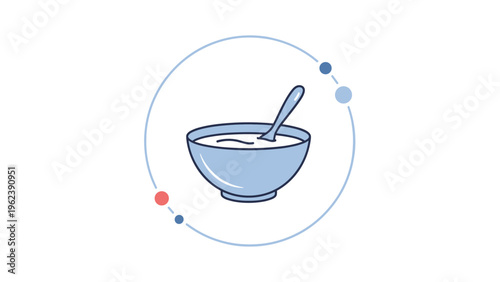 Simple blue bowl of white food with a spoon inside represented in a clean circular frame for a nutrition or health concept.