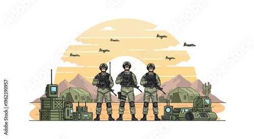 Military soldiers in desert camp with aircraft flying overhead, desert landscape, war, army, soldiers, desert, camp, aircraft, war, army, soldiers, desert, camp, aircraft