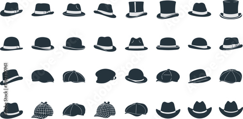 Collection of various hats and caps on white background