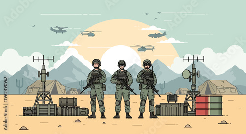 Military soldiers guarding desert outpost with helicopters and communication towers