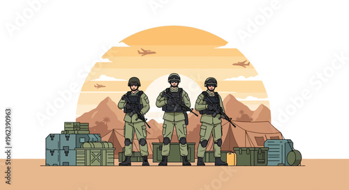 Military soldiers guarding supplies at desert camp with airplanes in background