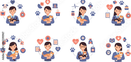 Veterinary Clinic and Pet Care Illustration Set with Veterinarian Holding Cat, Pet Health Icons, Animal Care and Medical Services Vector Collection