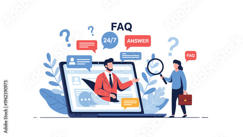 Customer support service concept with a man on a laptop screen answering frequently asked questions for a user with a magnifier.