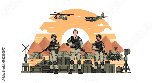 Military Soldiers and Equipment in Desert Base with Aircraft