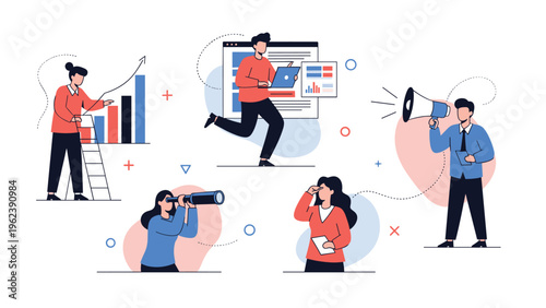 Business activities set with people engaged in market research, public speaking, analysis, and strategic vision planning for a startup.