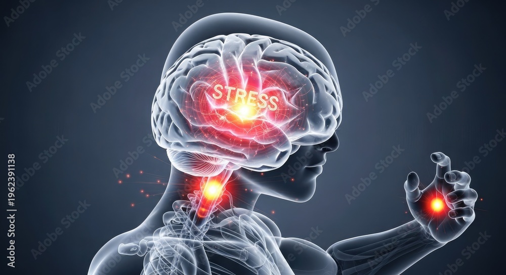 Fototapeta premium Human anatomy with highlighted brain neck and hand pain points in a medical illustration