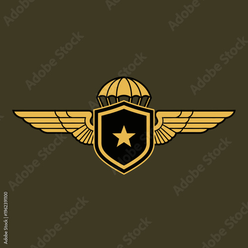Military Parachutist Badge with Wings and Shield, Airborne Symbol