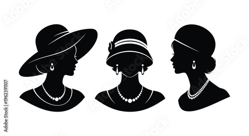 Three black silhouette profiles of women wearing hats and jewelry showcasing 1920s fashion styles and silhouette