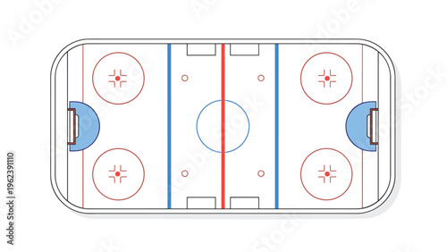 Detailed overhead view of a standard ice hockey rink illustrating all markings like zones, face off circles, and goal areas for play.