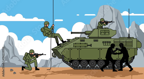 Military Operation: Soldiers and Armored Vehicle in Combat Training Exercise