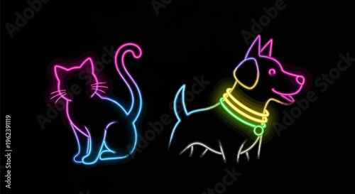 Neon outlines of a cat and dog on a black background with colorful glowing lines.
