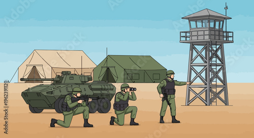 Military outpost with soldiers, armored vehicle, tents, and observation tower in desert