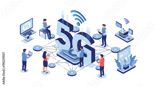 Isometric tech illustration showing people using mobile devices connected through 5G high-speed wireless network signals.