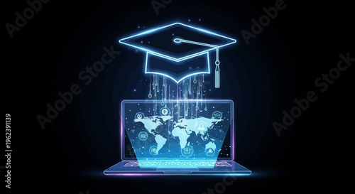 Graduation cap emerges from laptop screen displaying world map on black background