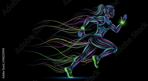 Neon woman runs fast with glowing lines on black background at night.