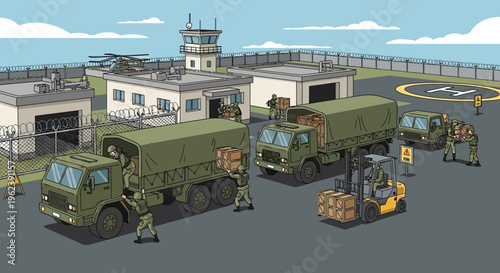 Military logistics: soldiers loading cargo trucks with boxes at a secure base with helicopter