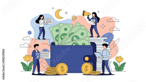 Group of people managing finances around a giant wallet filled with money and large golden coins representing savings or budgeting.