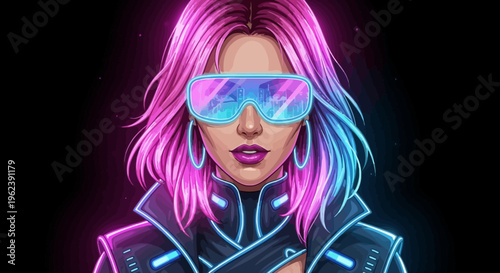 A futuristic woman with pink hair and neon glasses stares intensely in a dark cyberpunk environment.