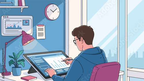 Professional male analyst working at a home office desk with a modern digital tablet displaying detailed financial data and growth charts.